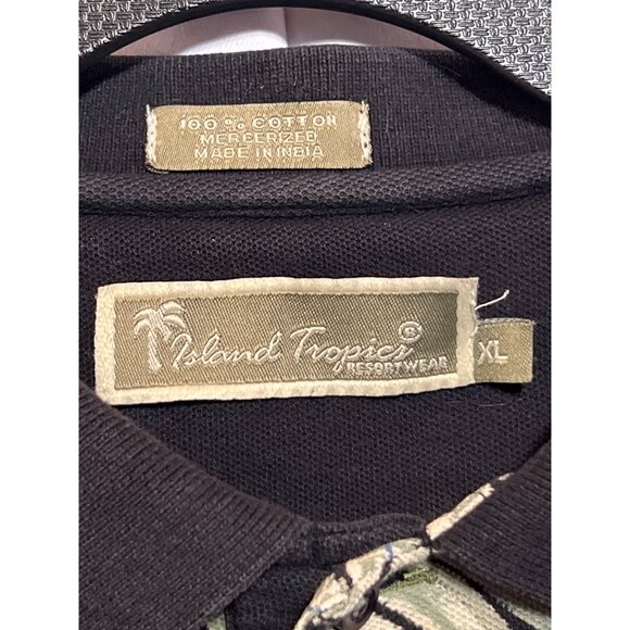 Island Tropics Leaf Print Polo Shirt XL Black Orange Green Short Sleeve Mens Cot - Picture 8 of 8